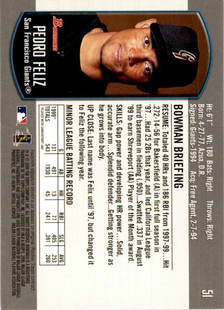 2000 Bowman Draft Picks & Prospects Pedro Feliz Rookie San Francisco Giants #51