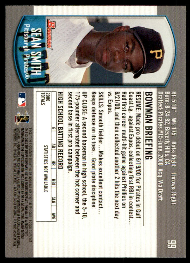 2000 Bowman Draft Picks & Prospects Sean Smith Rookie Pittsburgh Pirates #99
