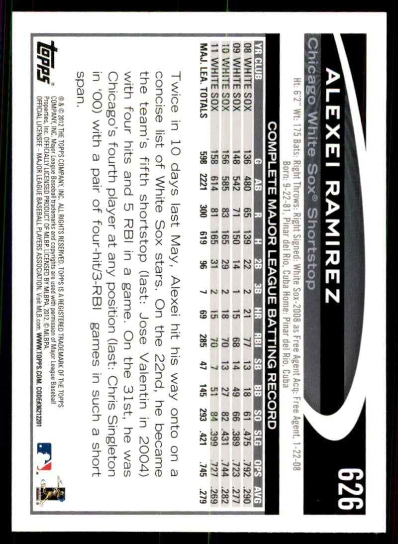 2012 Topps Alexei Ramirez Baseball Card #626