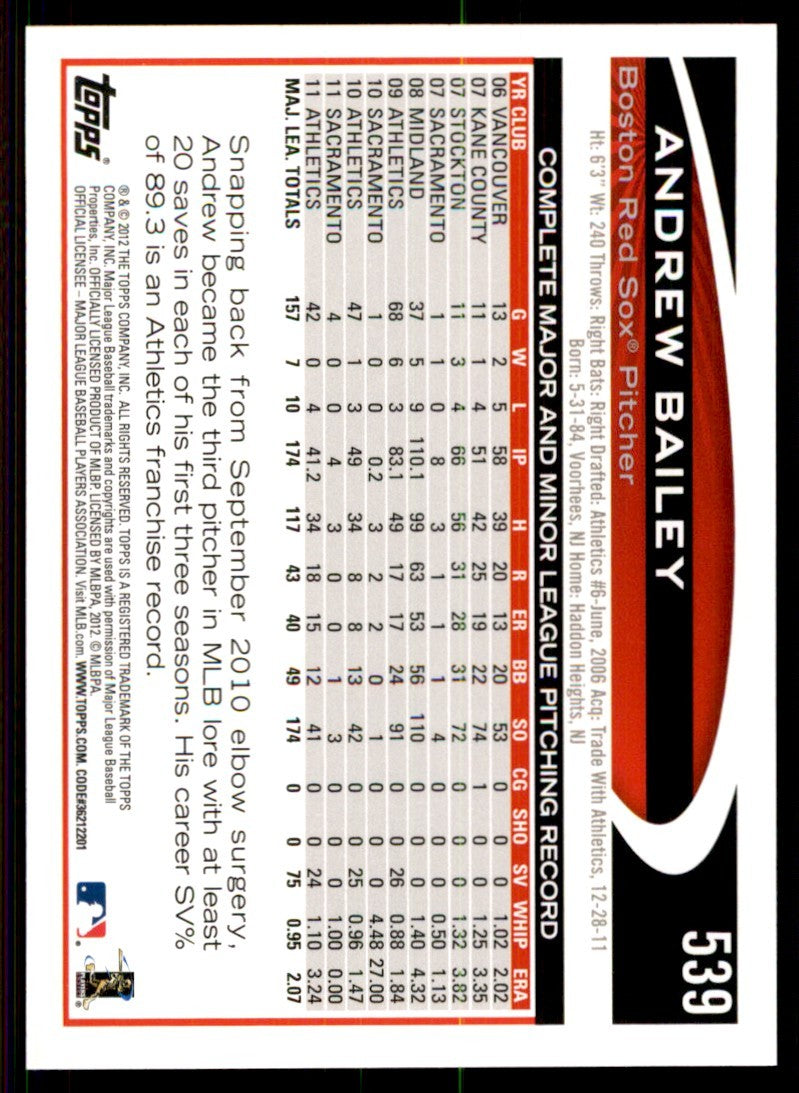 2012 Topps Andrew Bailey Baseball Cards #539