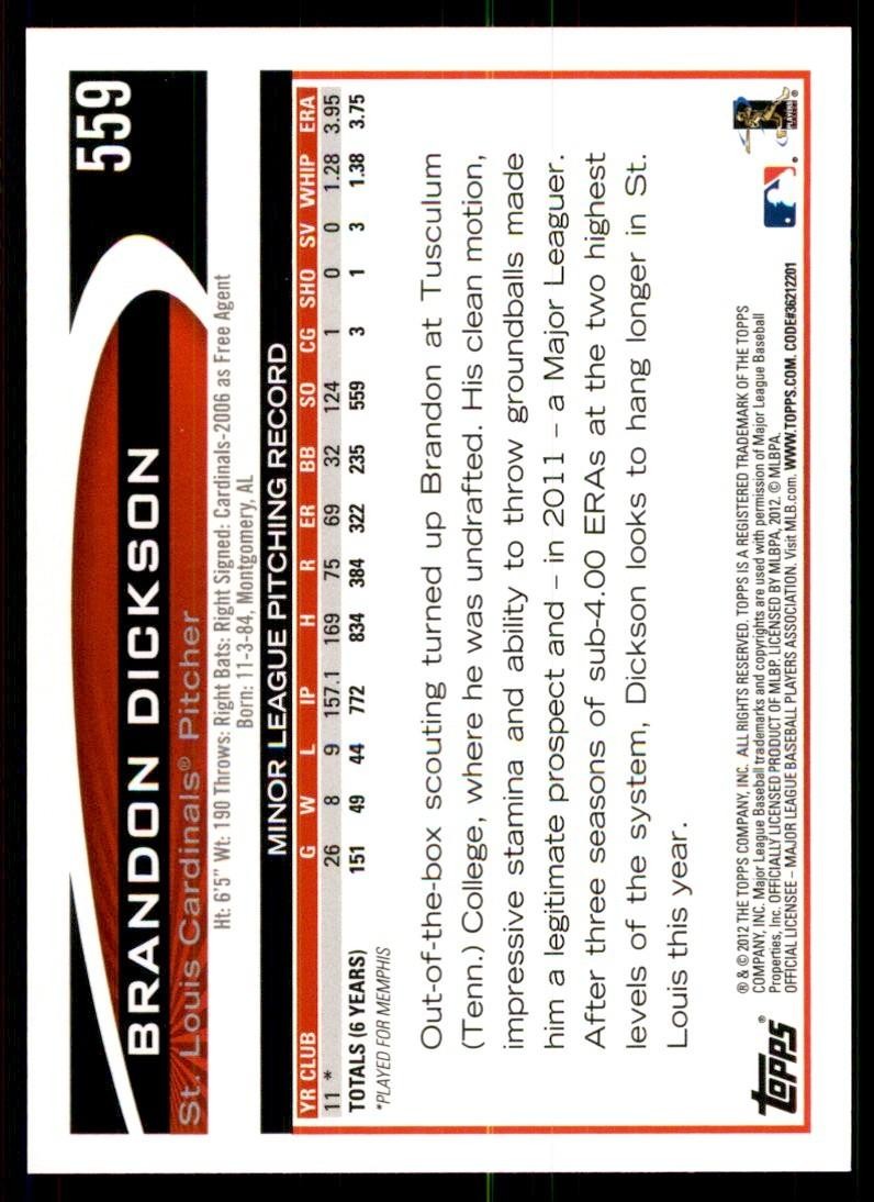 2012 Topps Brandon Dickson Baseball Cards #559