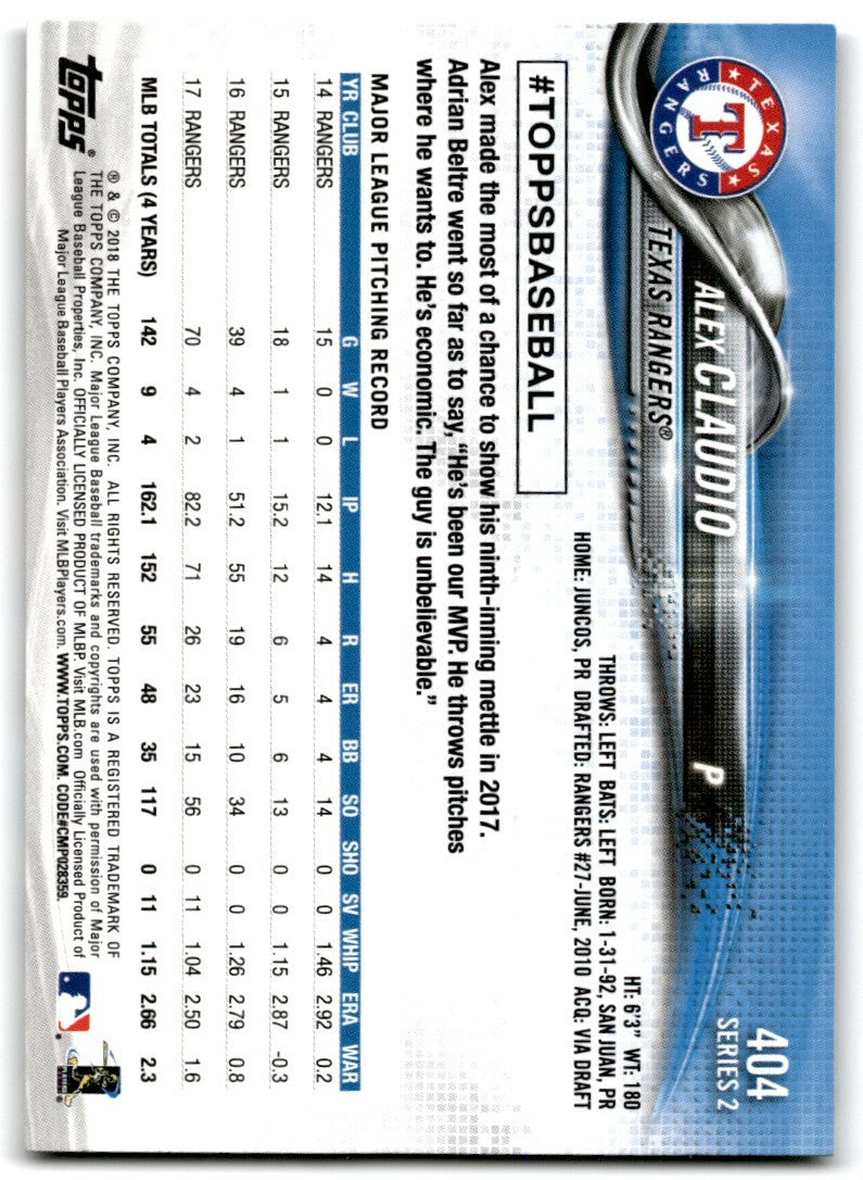 2018 Topps Series 2 Alex Claudio .  Texas Rangers #404