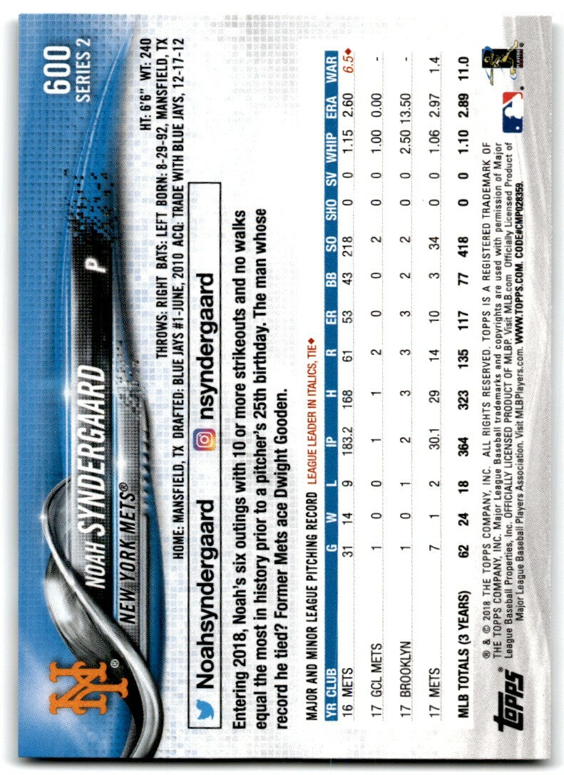 2018 Topps Series 2 Noah Syndergaard .  New York Mets #600