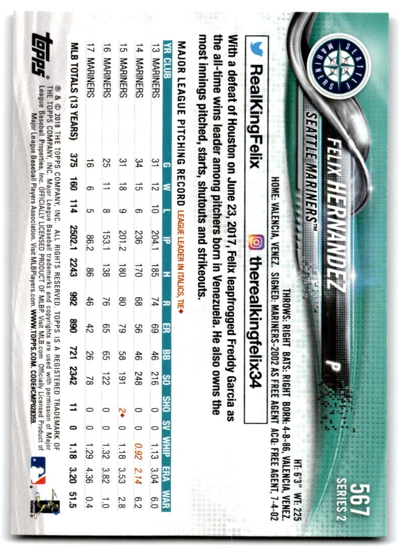 2018 Topps Series 2 Felix Hernandez .  Seattle Mariners #567