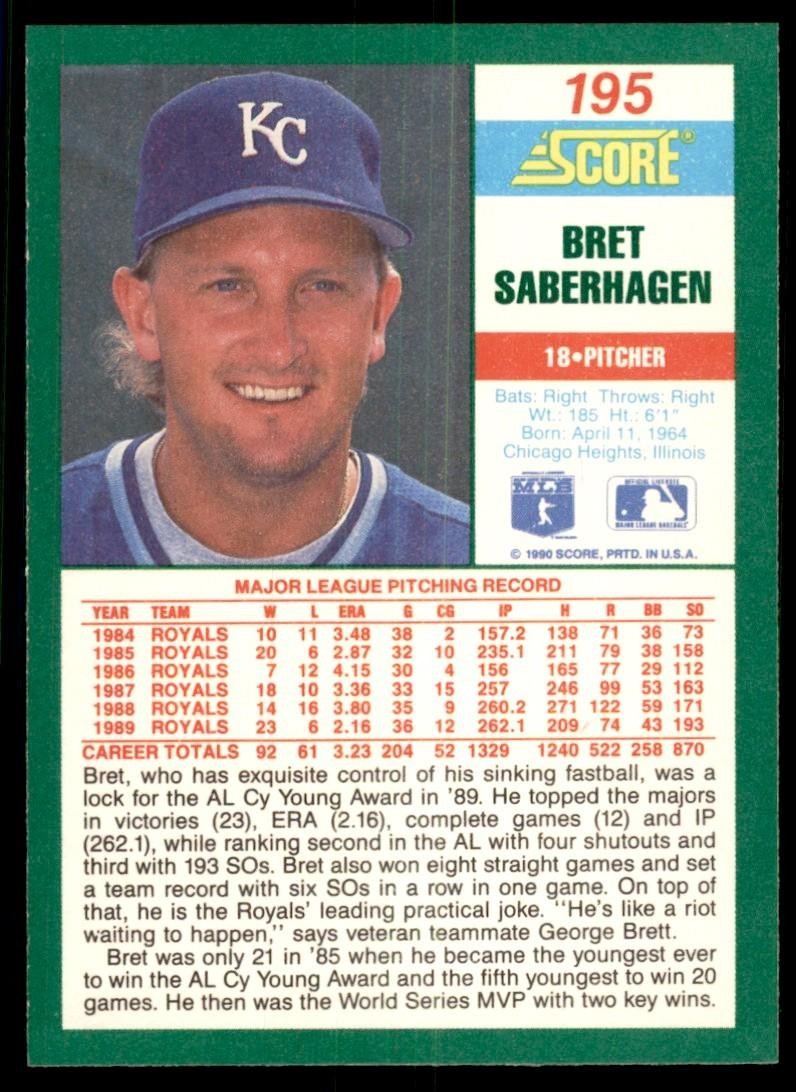 1990 Score Bret Saberhagen (100) Baseball Cards #195