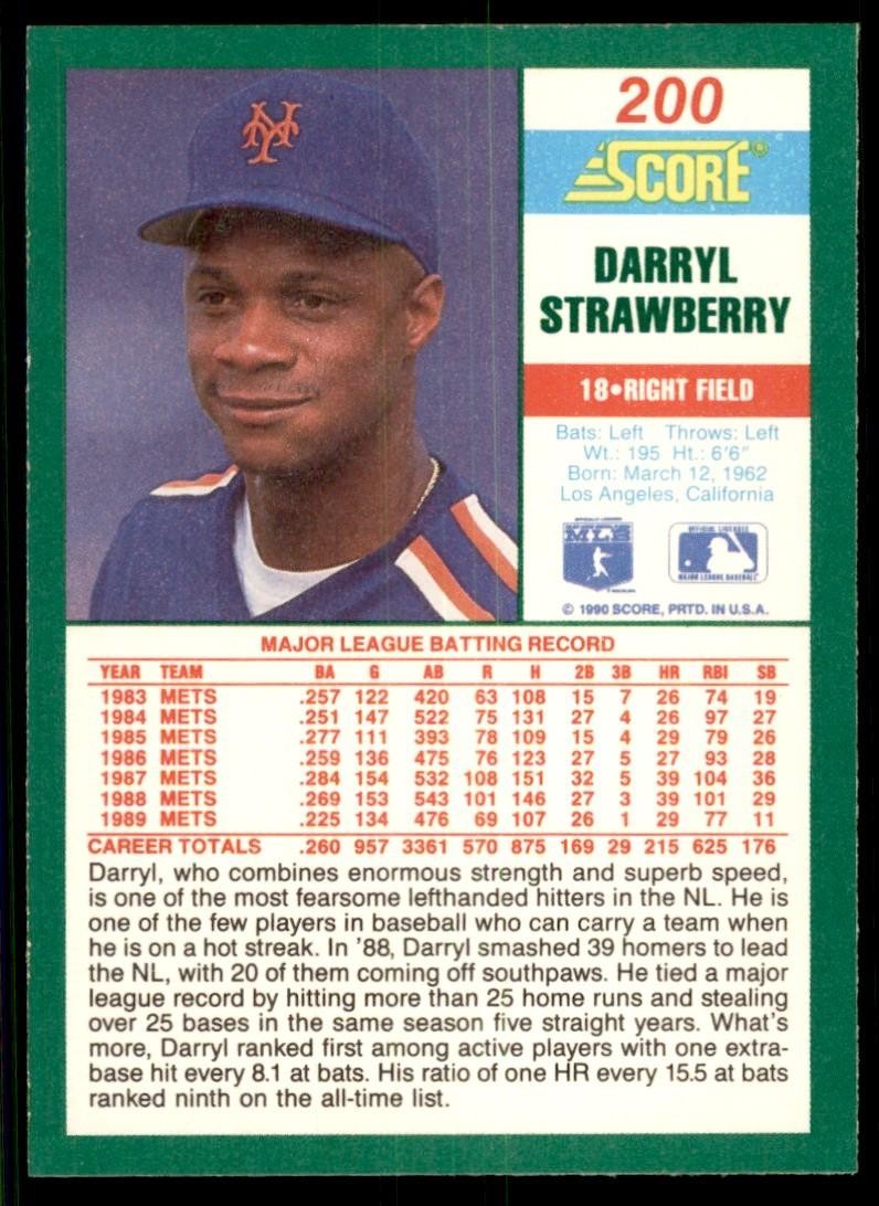 1990 Score Darryl Strawberry (100) Baseball Cards #200