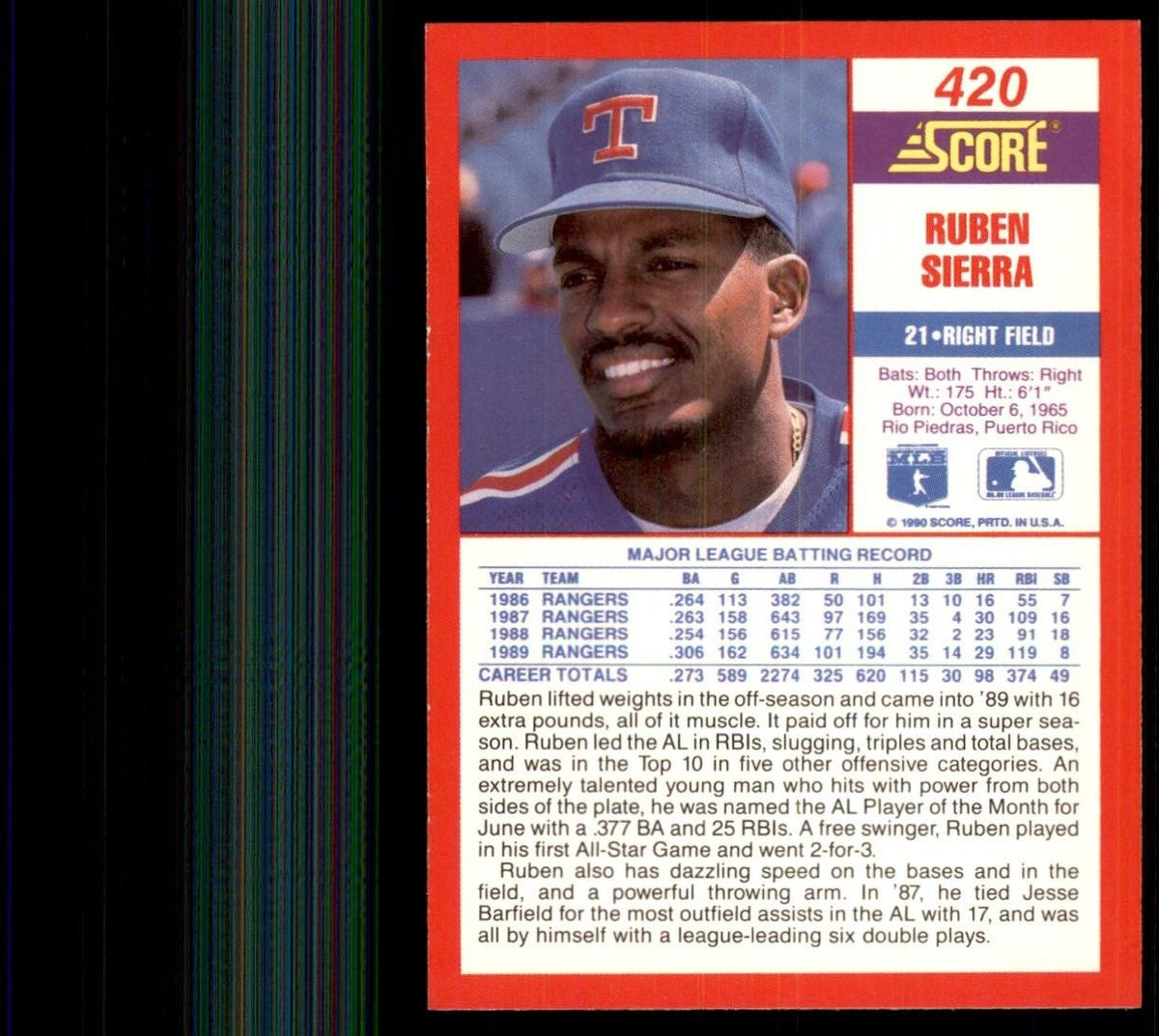 1990 Score Ruben Sierra (100) Baseball Cards #420