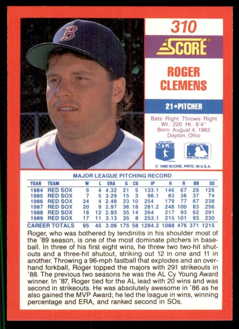 1990 Score. Roger Clemens (100) Baseball Cards #310