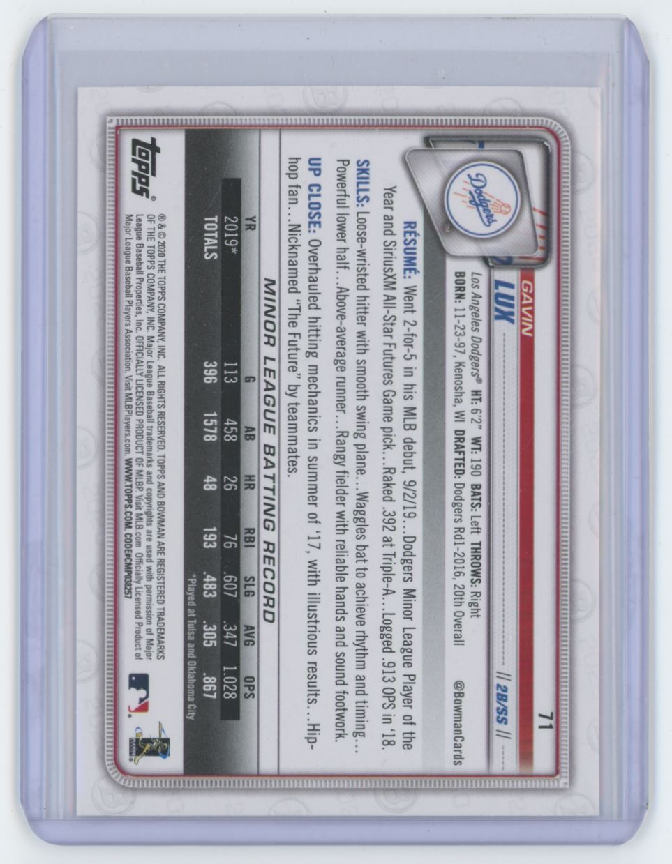 2020 Bowman Gavin Lux Rookie .  Los Angeles Dodgers #71