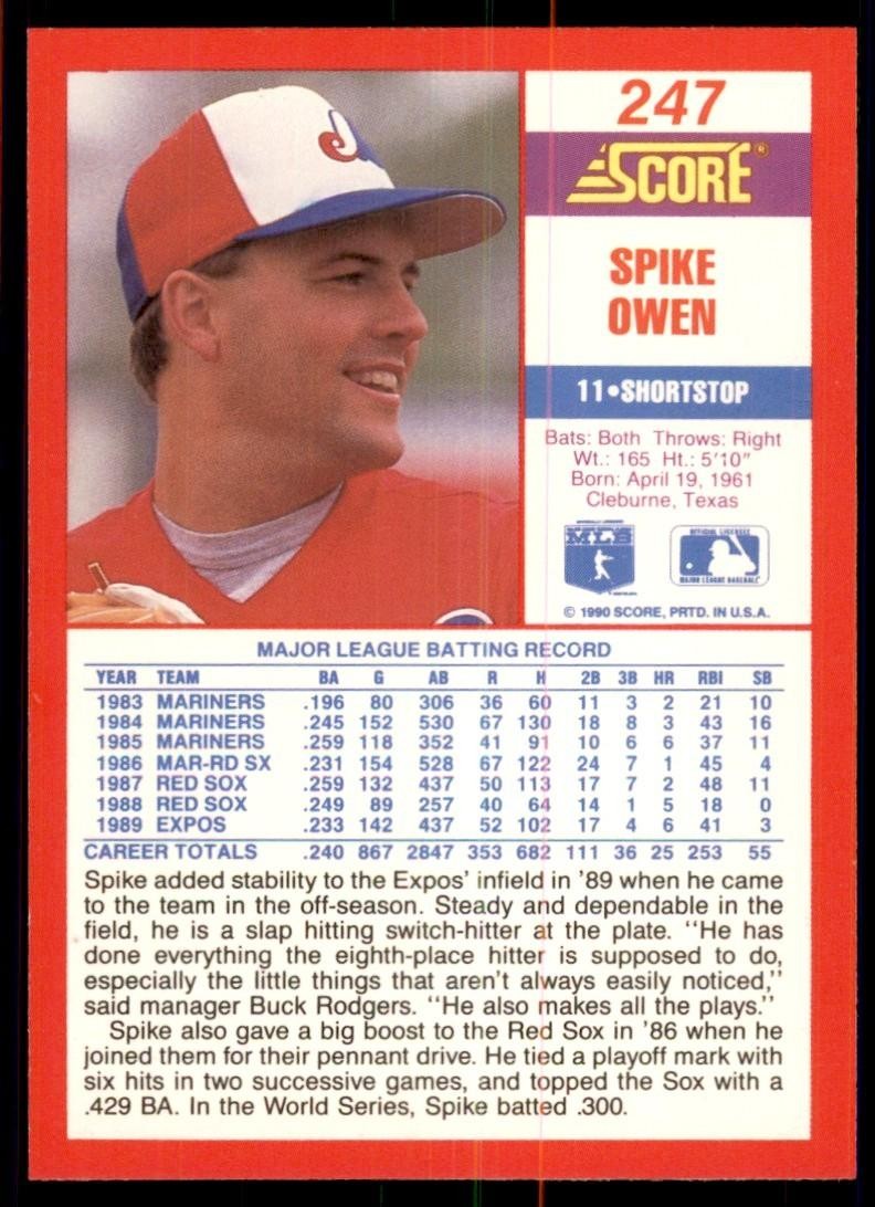 1990 Score Spike Owen Baseball Cards #247