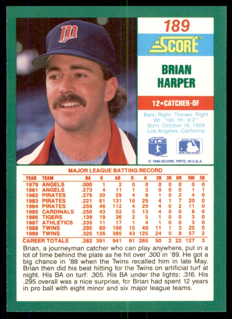 1990 Score Brian Harper Baseball Cards #189