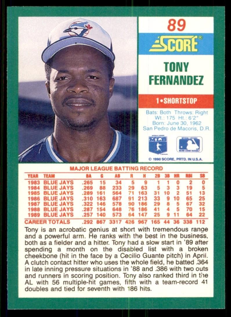 1990 Score Tony Fernandez Baseball Cards #89