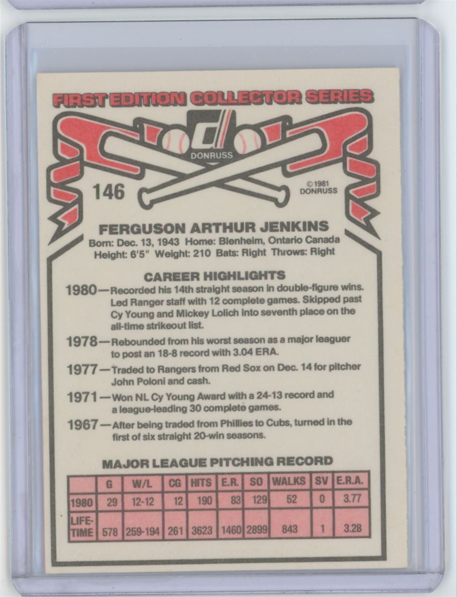1981 Donruss Ferguson Jenkins .  Texas Rangers #146