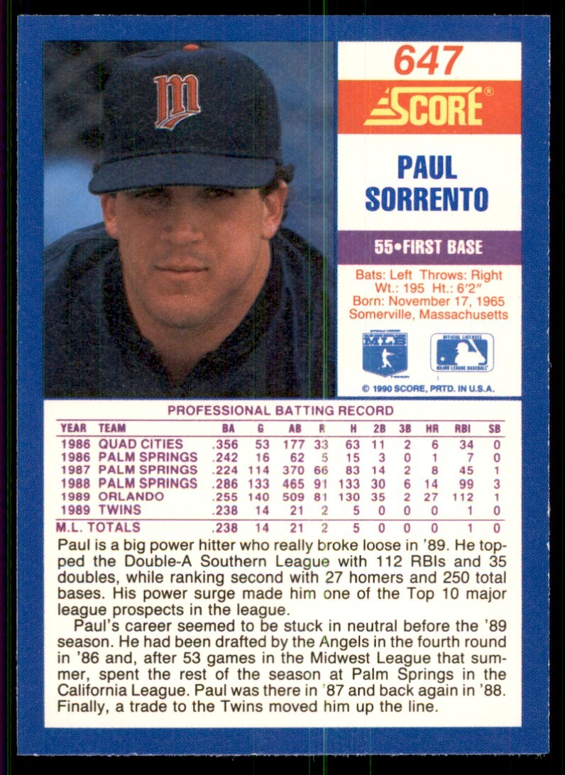 1990 Score Paul Sorrento Rookie Baseball Cards #647