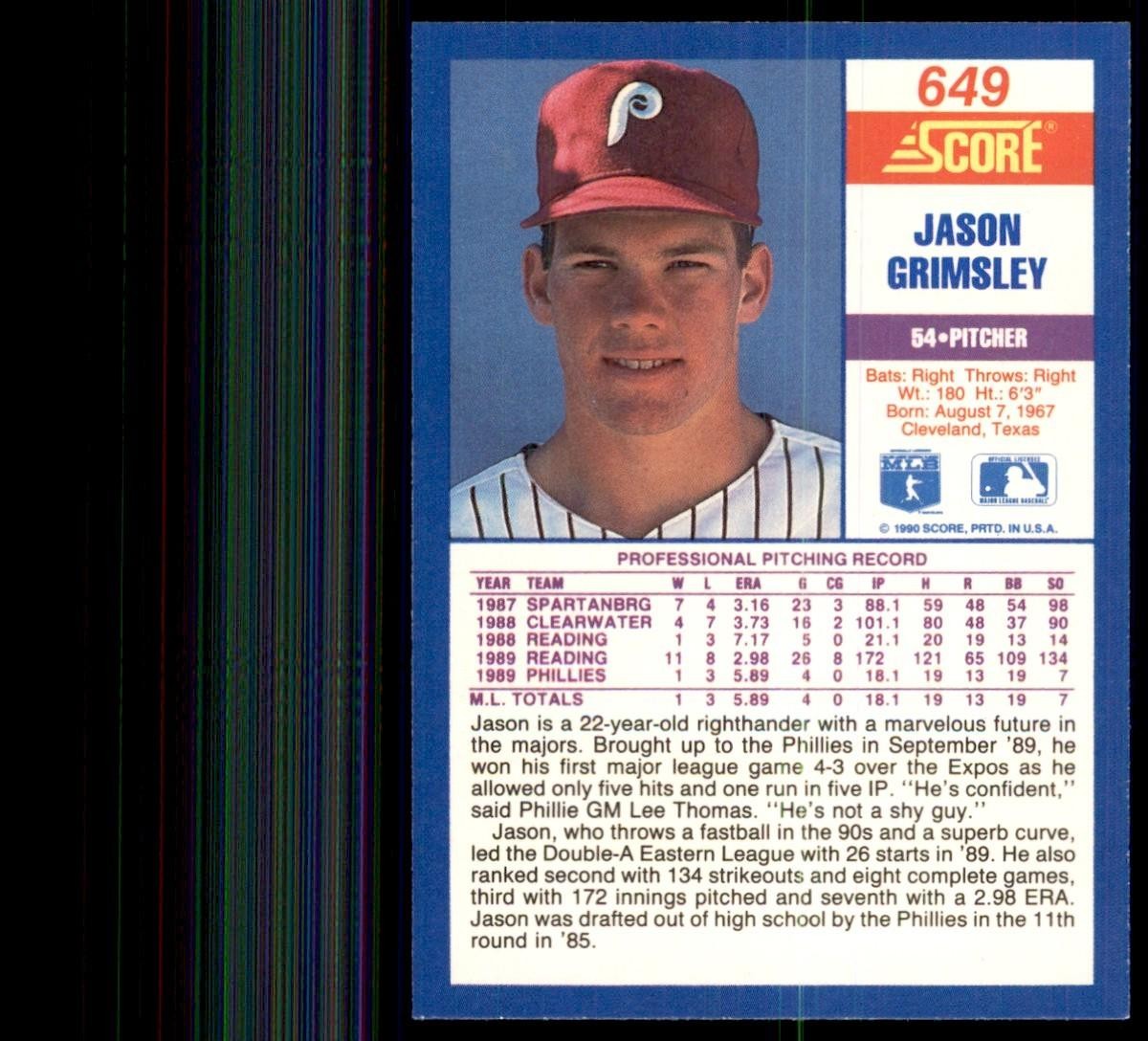 1990 Score Jason Grimsley Rookie Baseball Cards #649