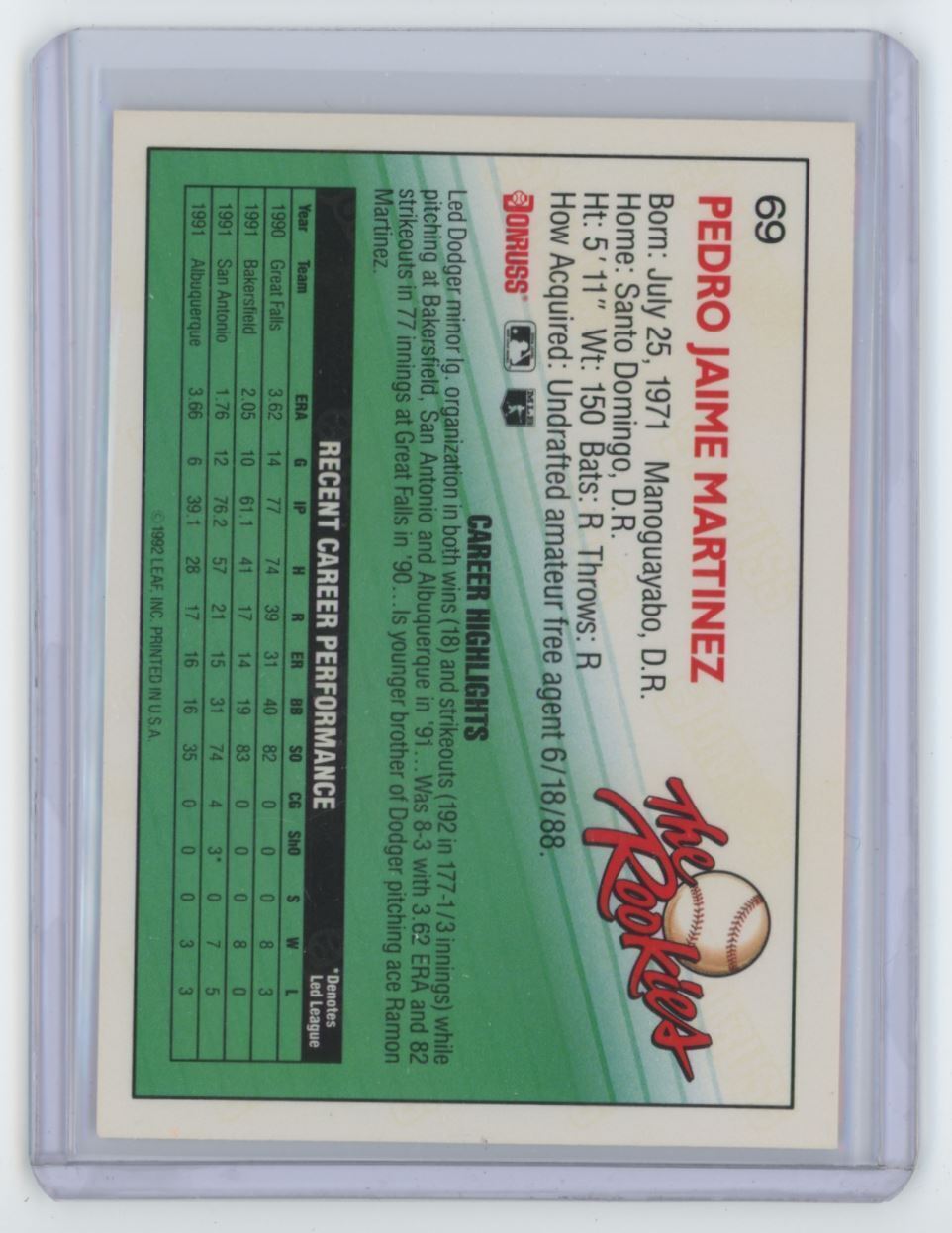 1992 Donruss The Rookies Pedro Martinez .  Los Angeles Dodgers #69