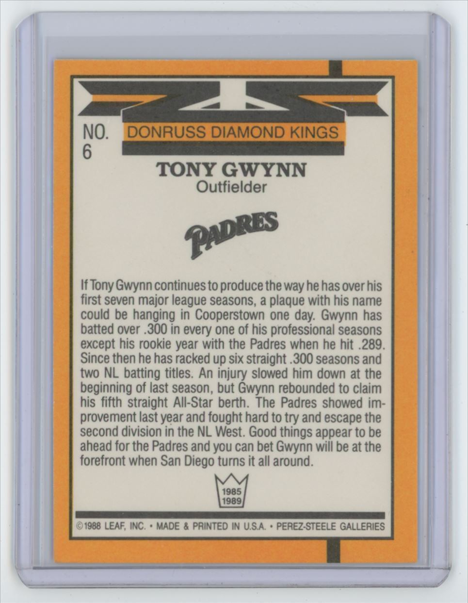 1989 Donruss Diamond Kings Tony Gwynn .  San Diego Padres #6