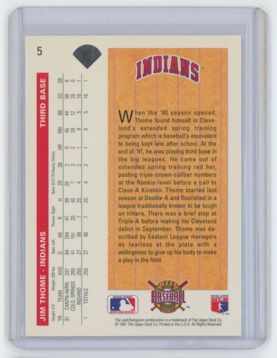 1992 Upper Deck Jim Thome Rookie .  Cleveland Indians #5