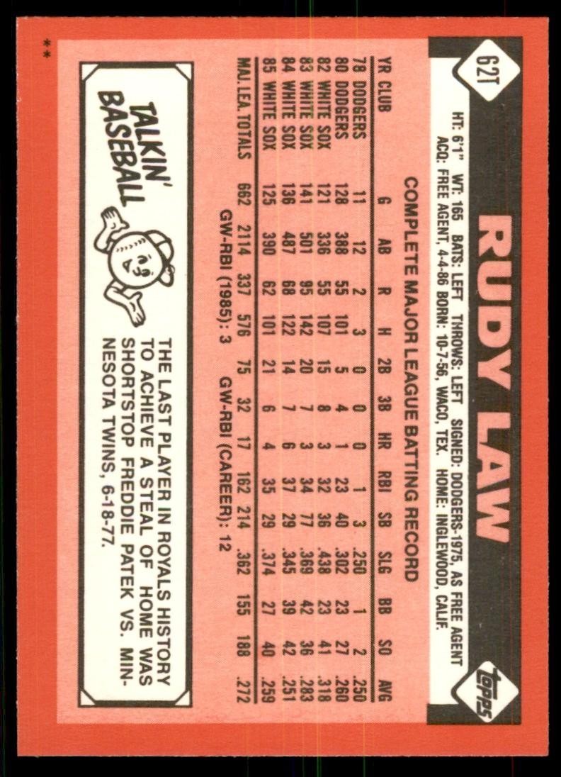 1986 Topps Traded. Rudy Law Baseball Cards #62T