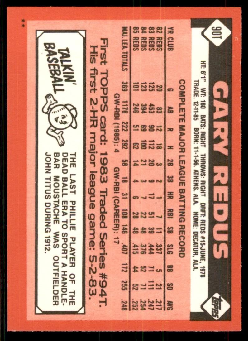 1986 Topps Traded. Gary Redus Baseball Cards #90T