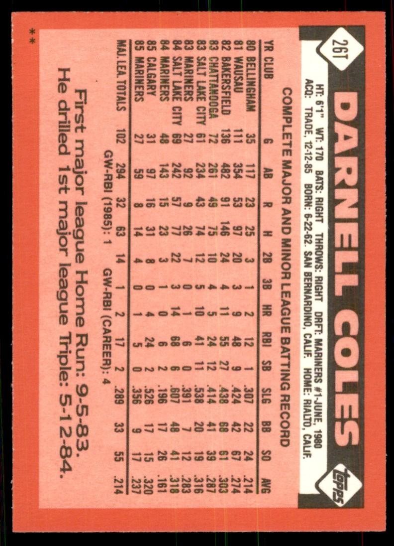 1986 Topps Traded. Darnell Coles Baseball Cards #26T
