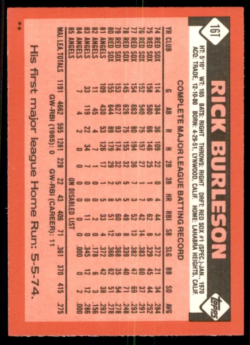 1986 Topps Traded. Rick Burleson Baseball Cards #16T