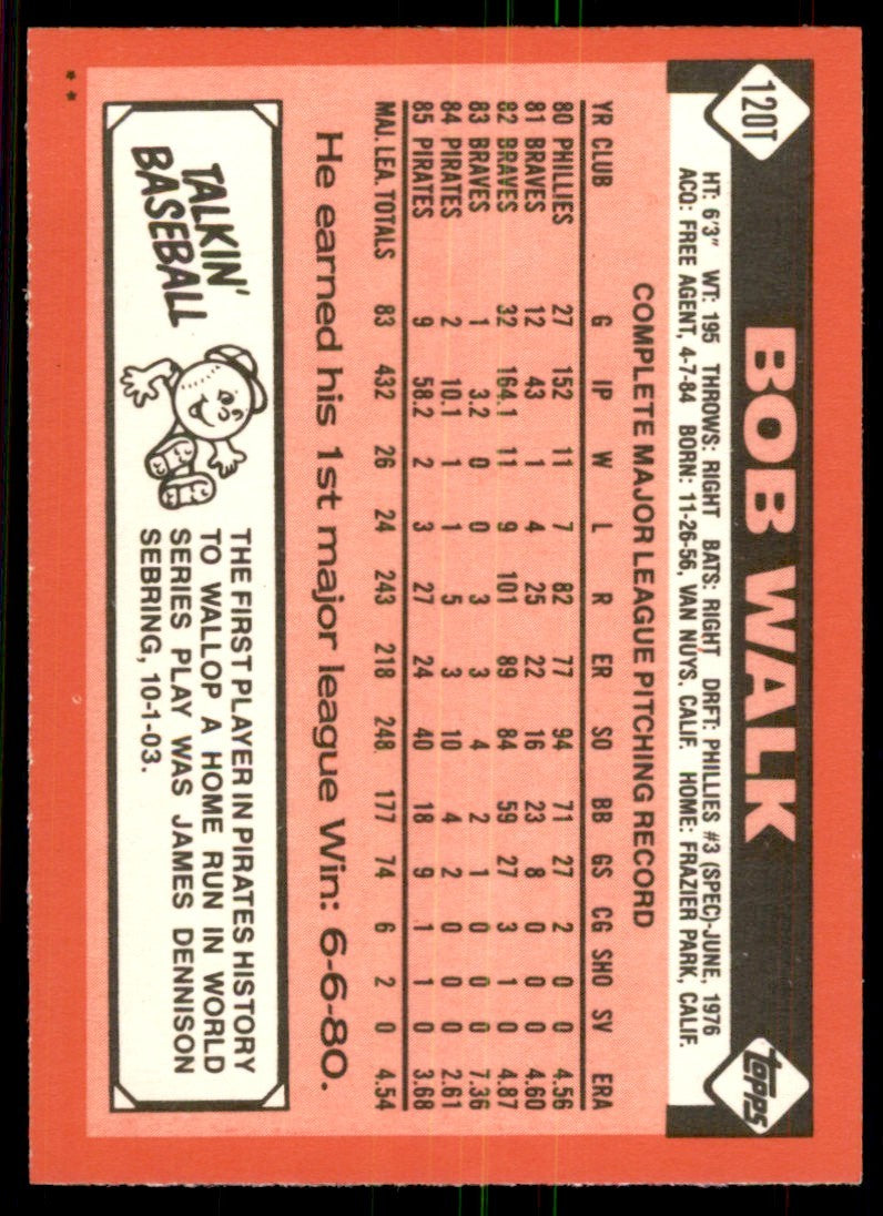 1986 Topps Traded. Bob Walk Baseball Cards #120T