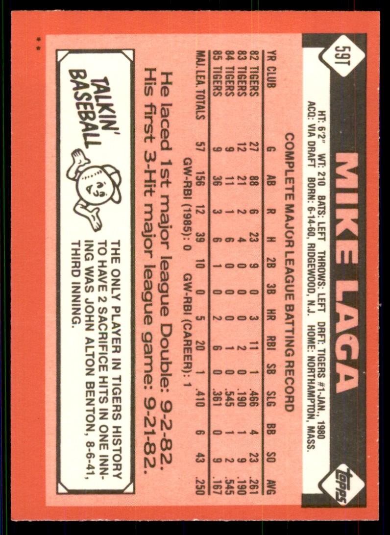 1986 Topps Traded. Mike Laga Baseball Cards #59T