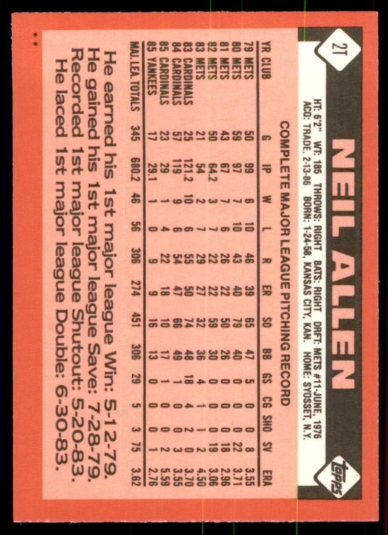 1986 Topps Traded Neil Allen Baseball Cards #2T