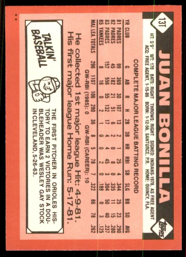 1986 Topps Traded Juan Bonilla Baseball Cards #13T