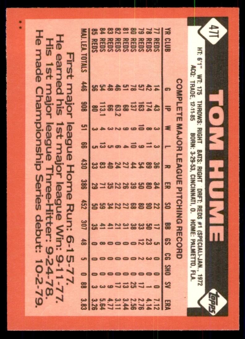 1986 Topps Traded Tom Hume Baseball Cards #47T