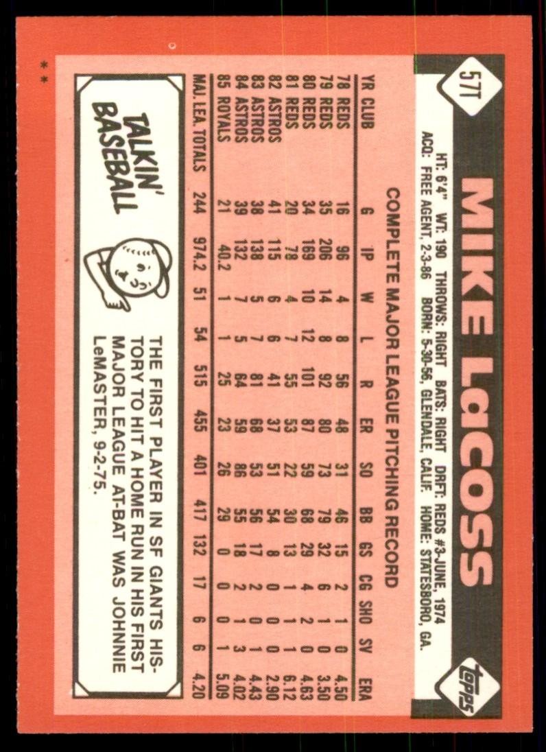 1986 Topps Traded Mike LaCoss Baseball Cards #57T