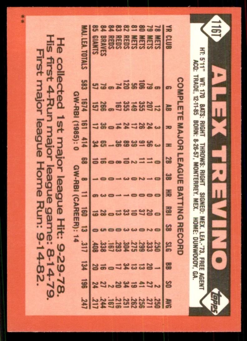1986 Topps Traded Alex Trevino Baseball Cards #116T