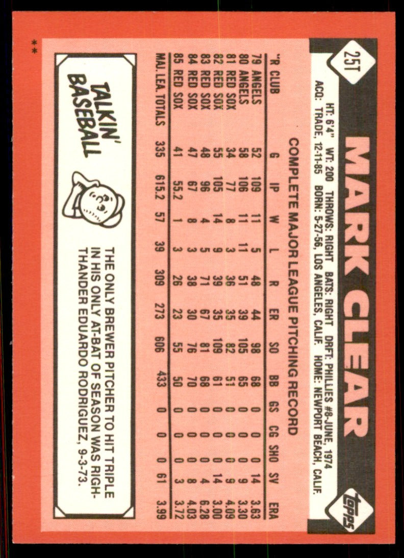 1986 Topps Traded Mark Clear Baseball Cards #25T