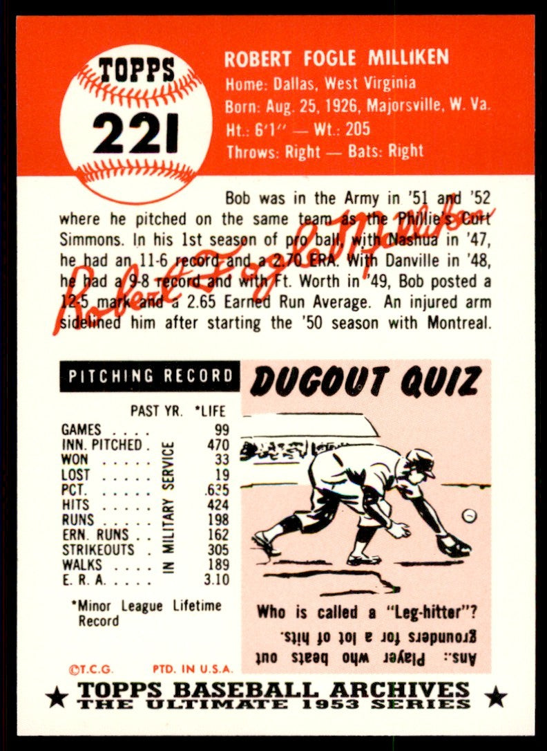 1991 Topps Archives 1953 Bob Milliken . Brooklyn Dodgers #221