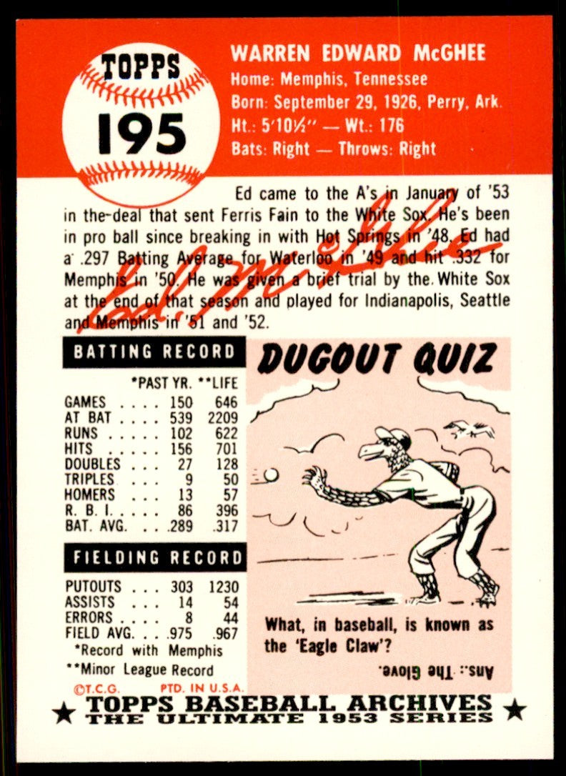 1991 Topps Archives 1953 Ed McGhee . Philadelphia Athletics #195