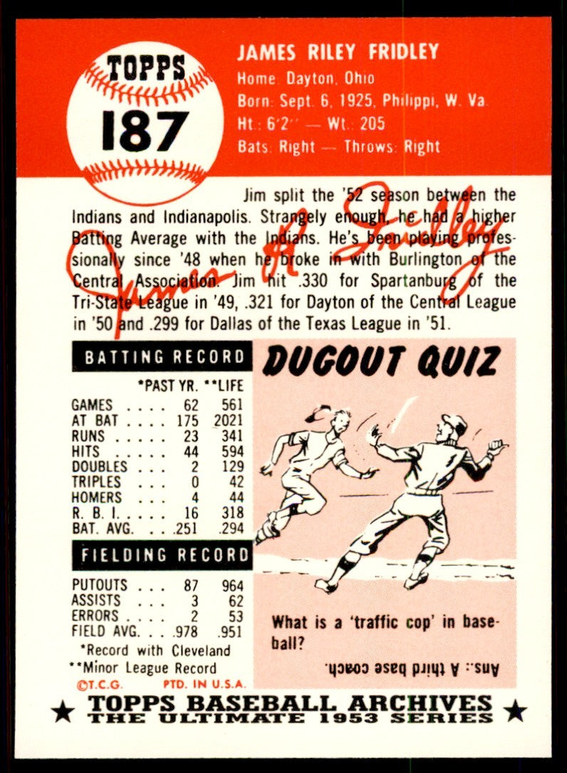 1991 Topps Archives 1953 Jim Fridley . Cleveland Indians #187