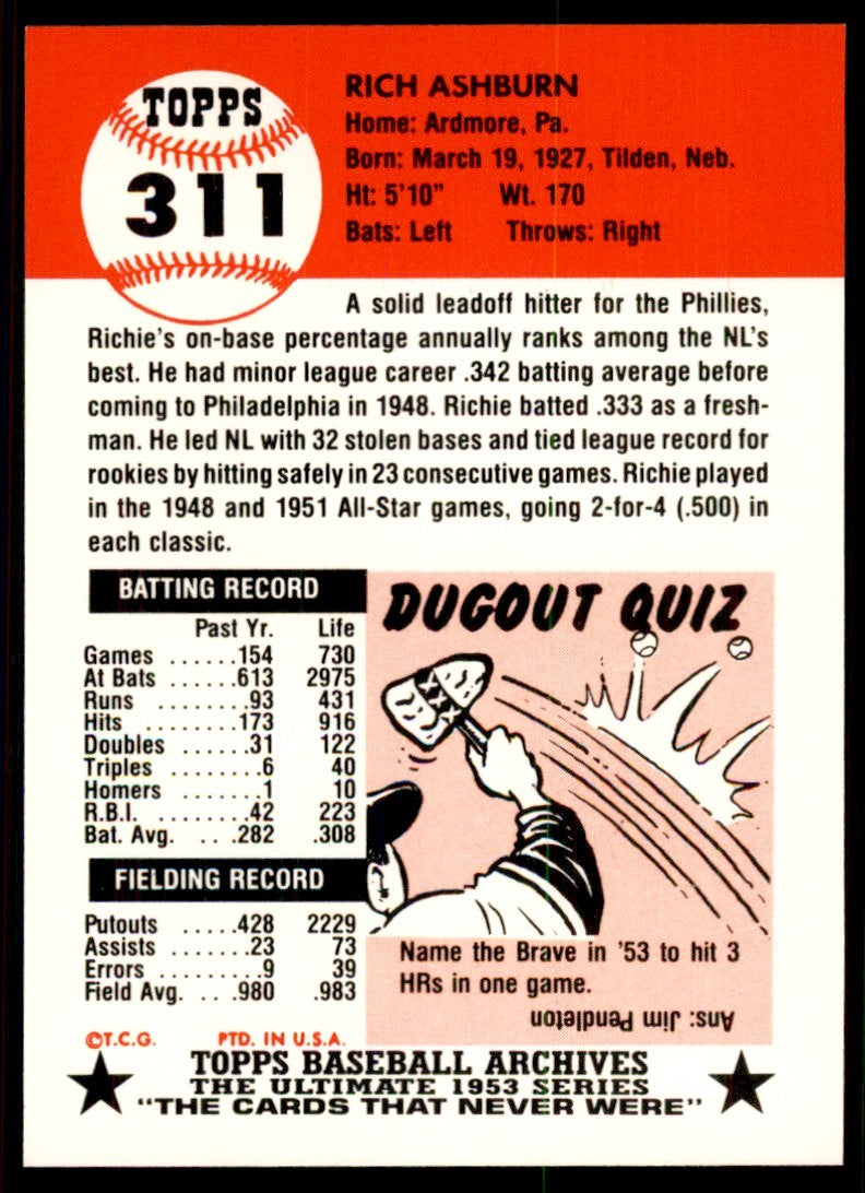 1991 Topps Archives 1953 Richie Ashburn . Philadelphia Phillies #311