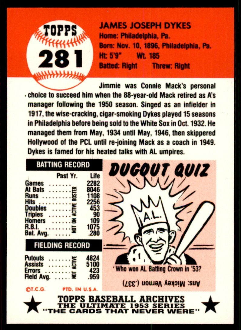 1991 Topps Archives 1953 Jimmie Dykes . Philadelphia Athletics #281
