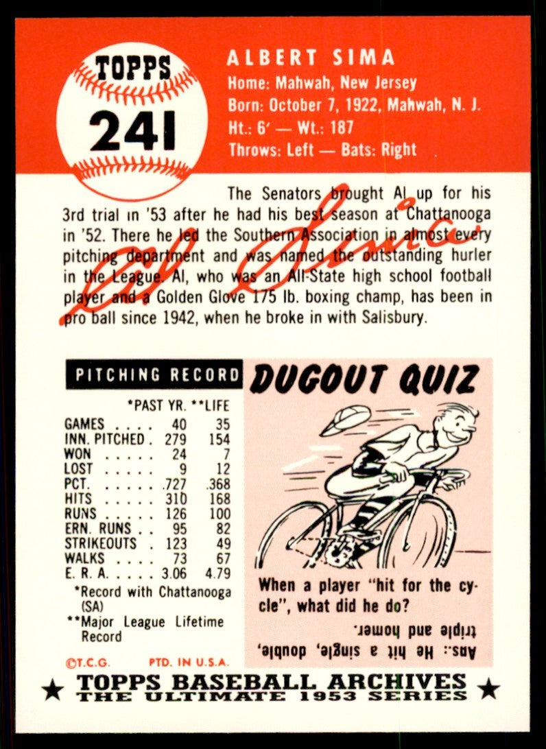1991 Topps Archives 1953 Al Sima . Washington Senators #241