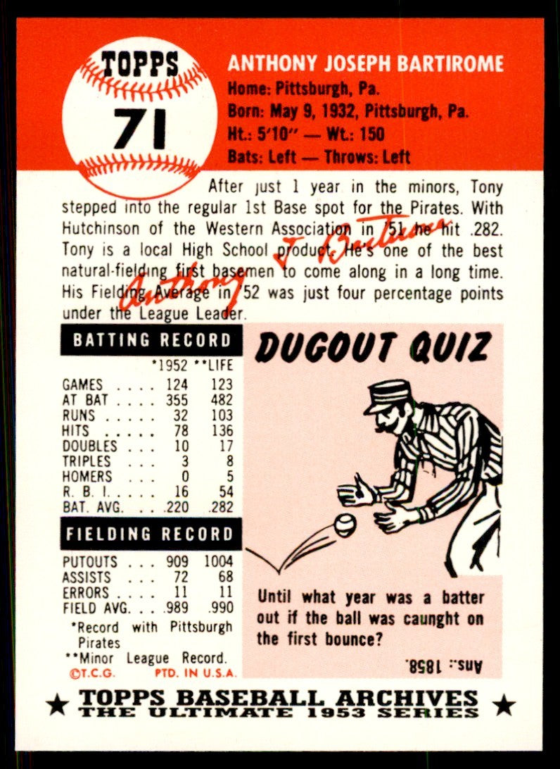 1991 Topps Archives 1953 Tony Bartirome . Pittsburgh Pirates #71