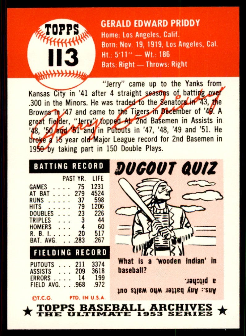 1991 Topps Archives 1953 Jerry Priddy . Detroit Tigers #113