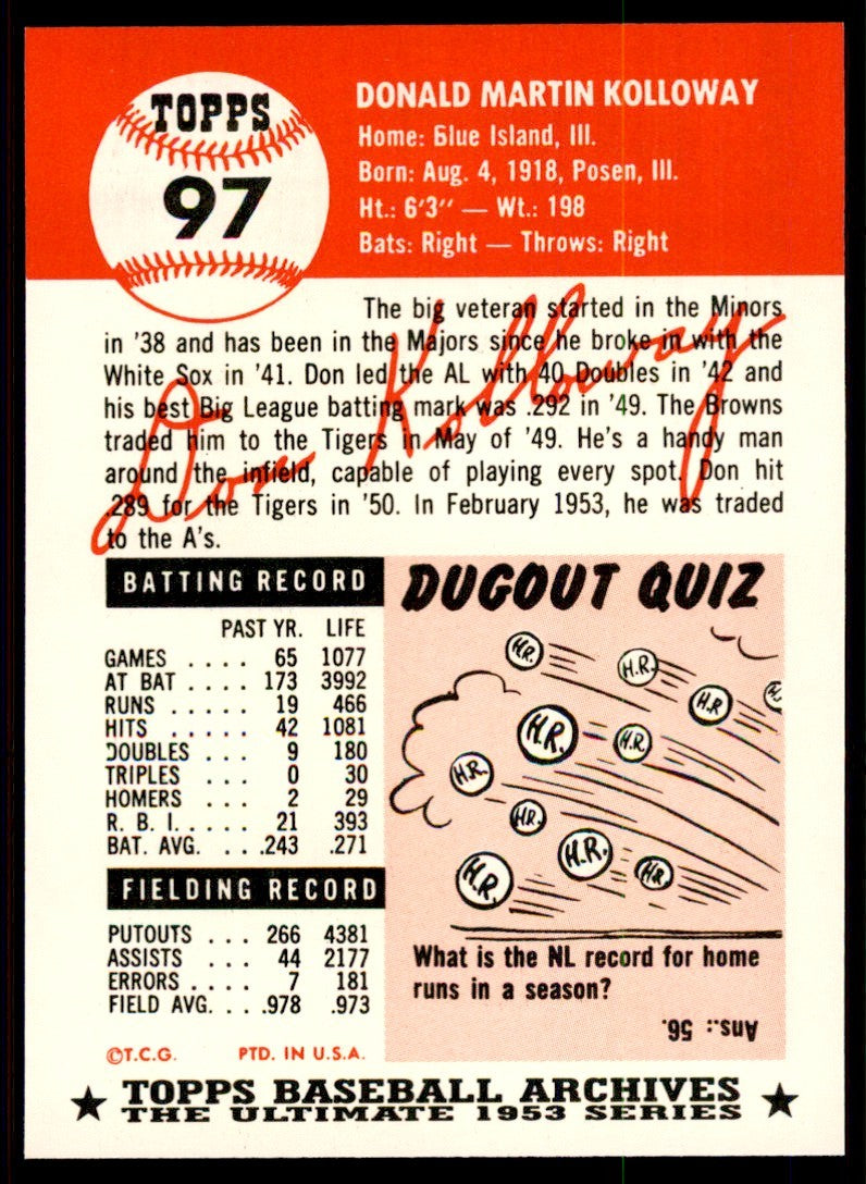 1991 Topps Archives 1953 Don Kolloway . Philadelphia Athletics #97