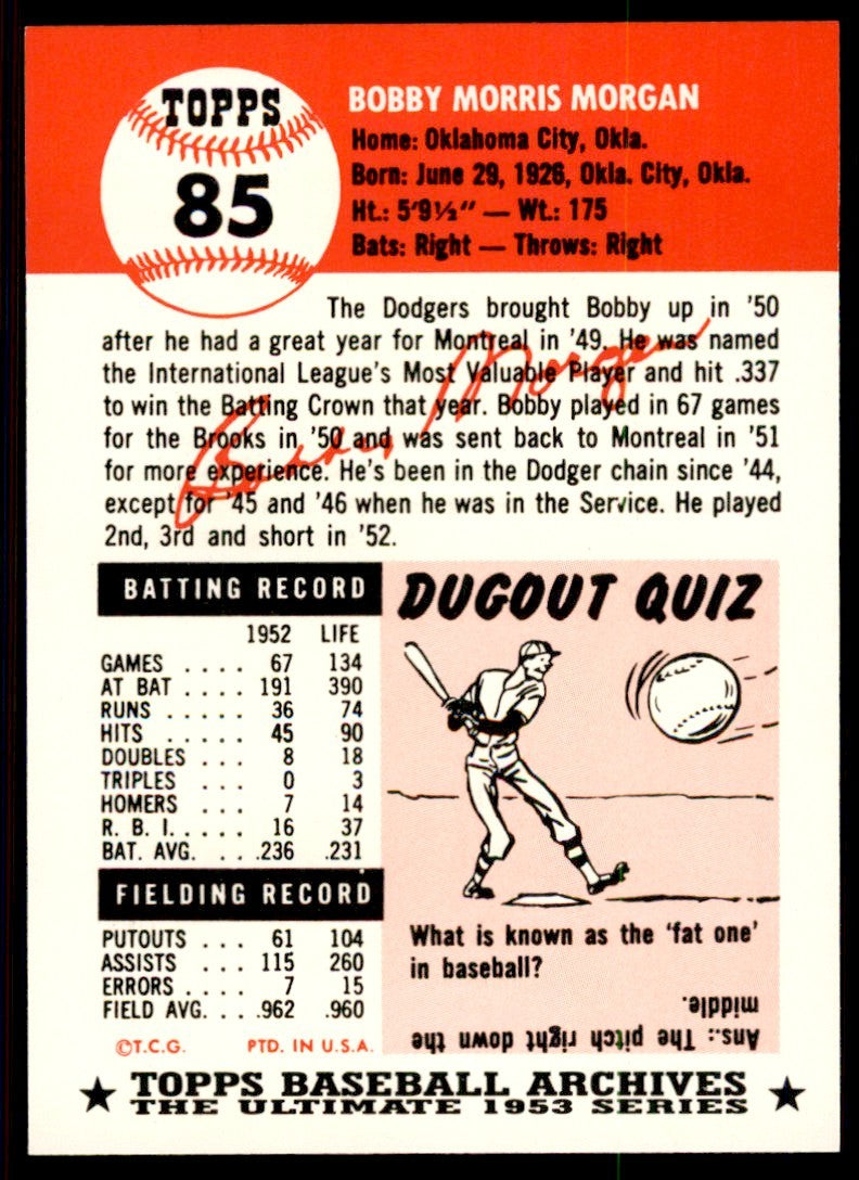 1991 Topps Archives 1953 Bobby Morgan . Brooklyn Dodgers #85