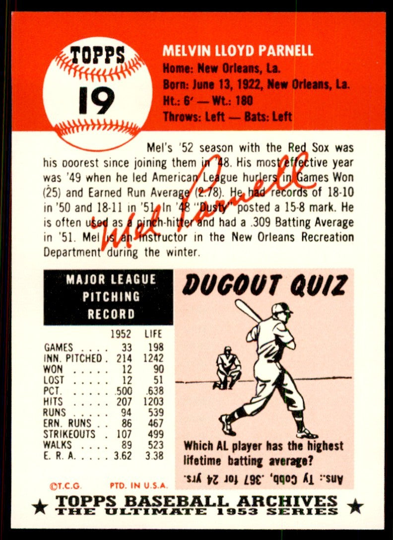 1991 Topps Archives 1953 Mel Parnell . Boston Red Sox #19