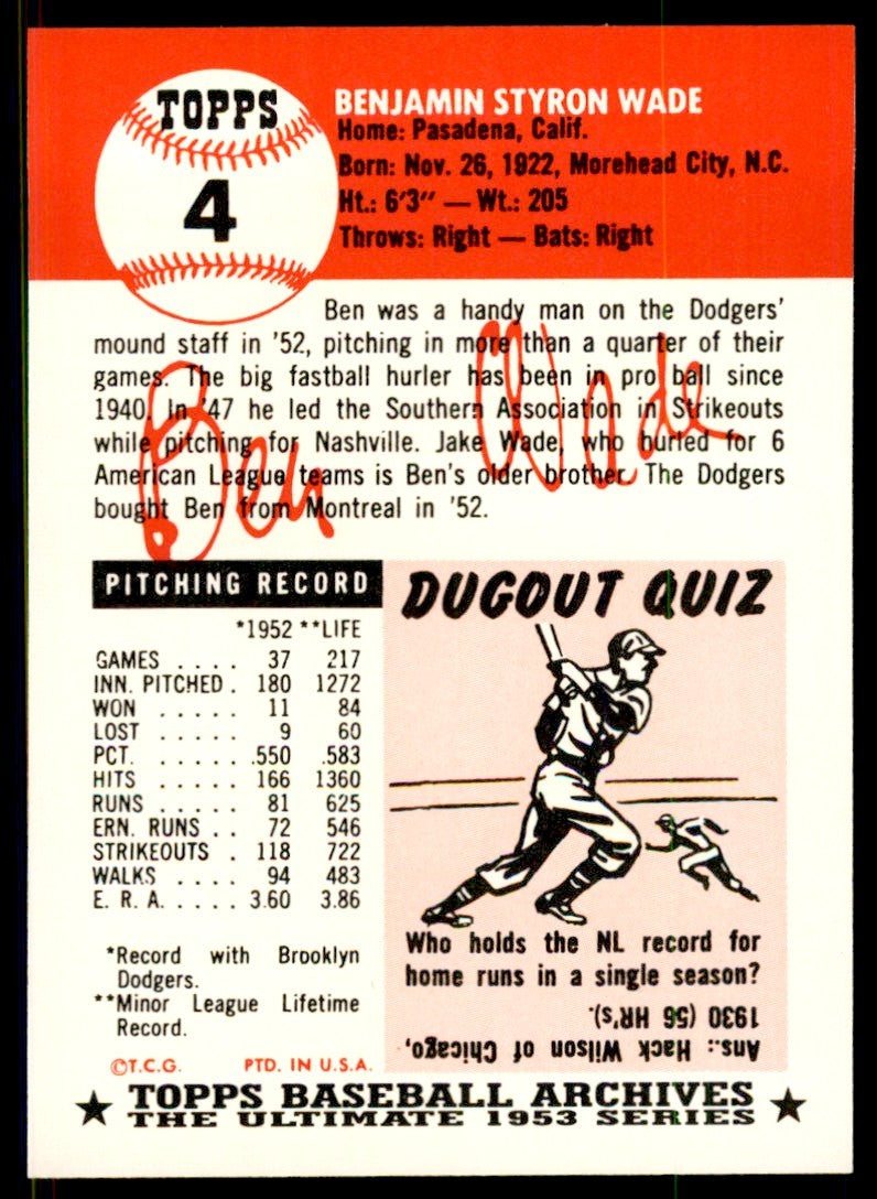 1991 Topps Archives 1953 Ben Wade . Brooklyn Dodgers #4