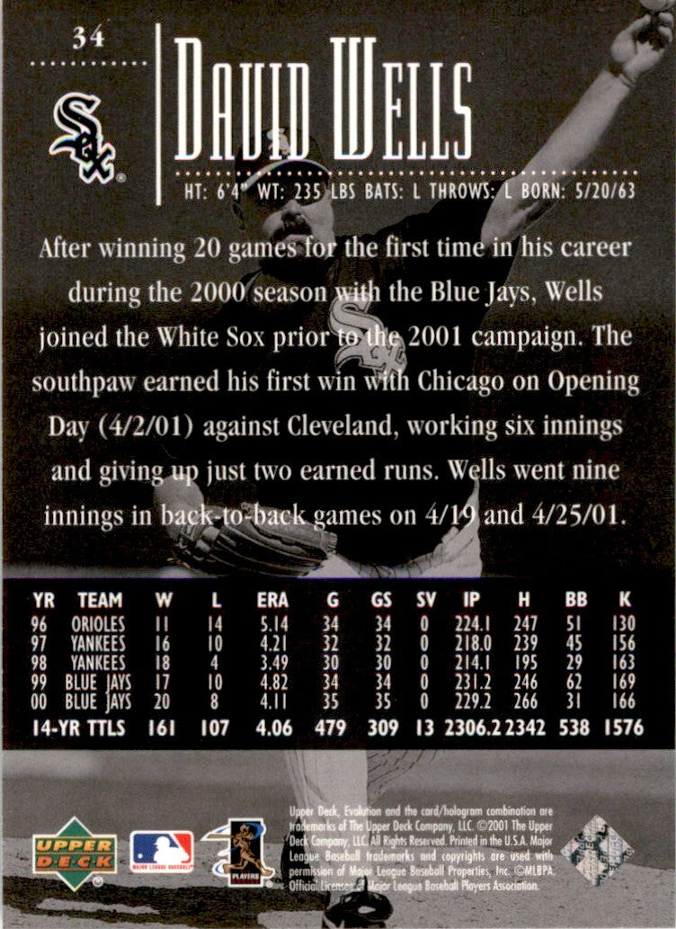2001 Upper Deck Evolution David Wells . Chicago White Sox #34