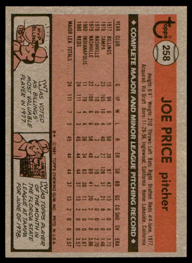 1981 Topps Joe Price Rookie . Cincinnati Reds #258