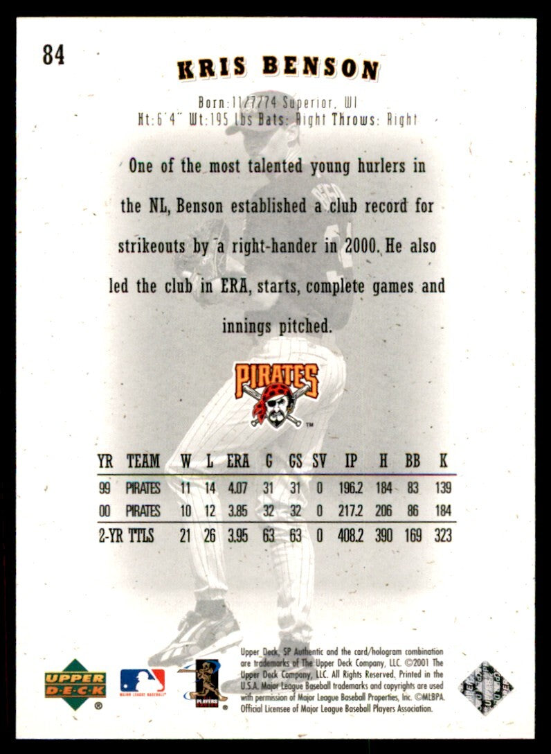 2001 SP Authentic Kris Benson . Pittsburgh Pirates #84
