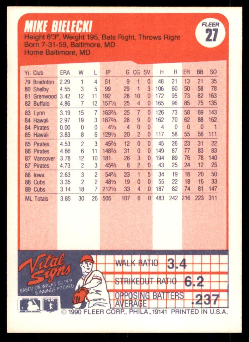 1990 Fleer Mike Bielecki Baseball Cards #27